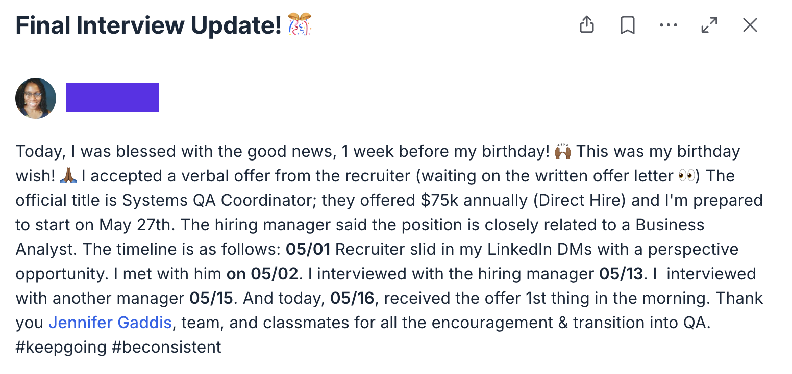 Final interview update: $75K Systems QA Coordinator offer