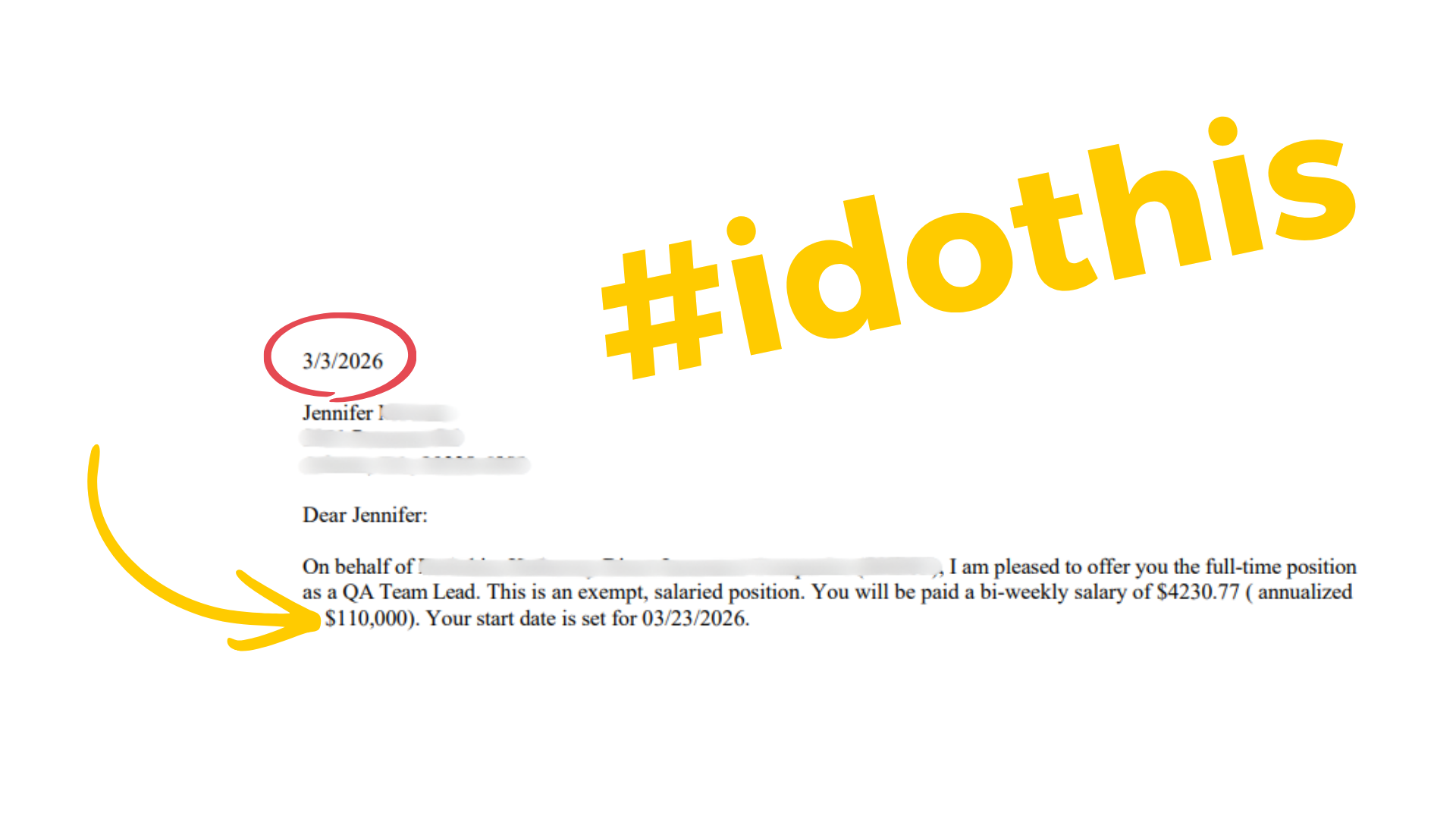 QA Team Lead offer letter with a $110,000 annual salary