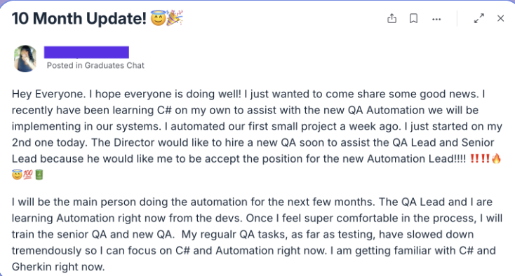 10 month update: promoted to Automation Lead